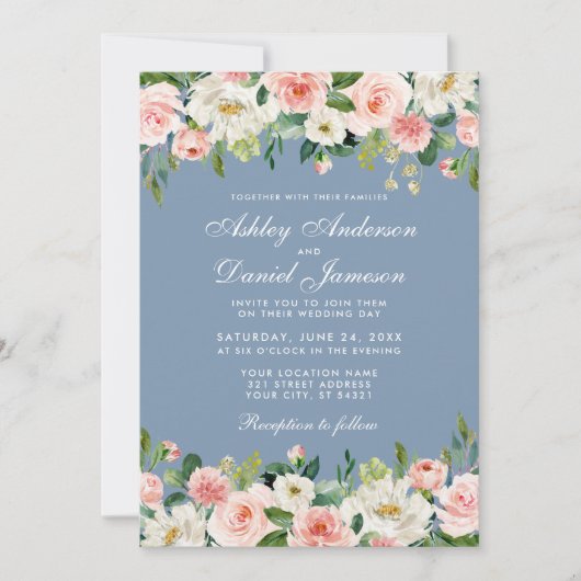 Elegant Waterverf Pink Floral Dusty Blue Wedding Kaart (Voorkant)
