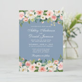 Elegant Waterverf Pink Floral Dusty Blue Wedding Kaart (Staand voorkant)