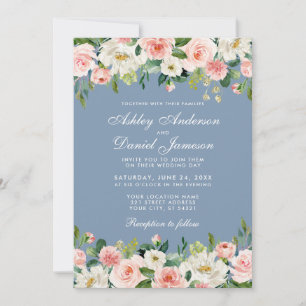 Elegant Waterverf Pink Floral Dusty Blue Wedding Kaart