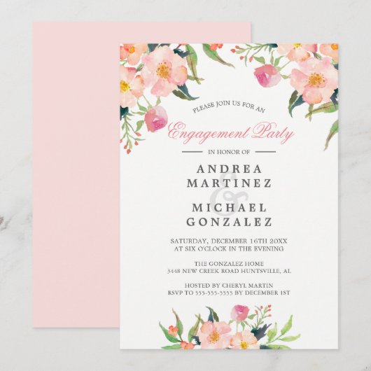 Elegant Waterverf Pink Floral Engagement Party Kaart (Voorkant / Achterkant)