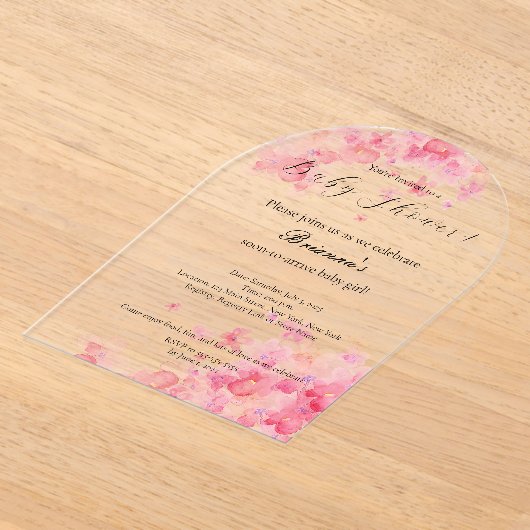 Elegant Waterverf Pink Floral Girl Baby shower Acryl Uitnodigingen (Laagn)