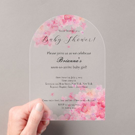 Elegant Waterverf Pink Floral Girl Baby shower Acryl Uitnodigingen (Insitu (Draagbaar))