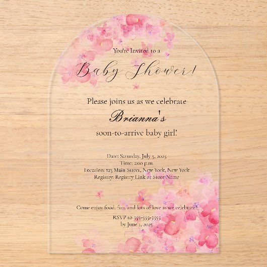 Elegant Waterverf Pink Floral Girl Baby shower Acryl Uitnodigingen (Voorkant)