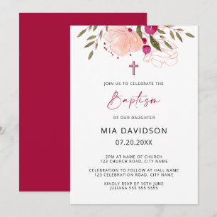 Elegant Waterverf Pink Floral Girl Baptism Invita Kaart
