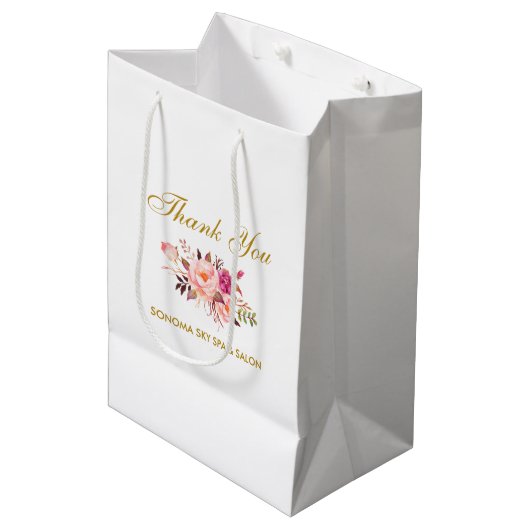 Elegant Waterverf Pink Floral Gold Hartelijk dank Medium Cadeauzakje (Voorkant Gekanteld)