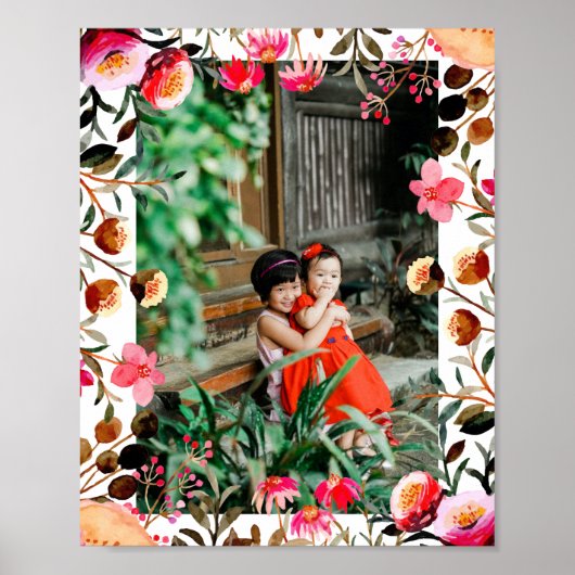 Elegant Waterverf Pink Floral Greenery Foto Poster (Voorkant)