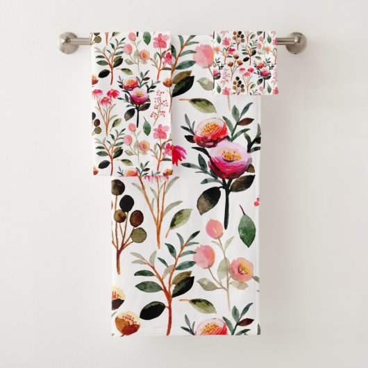Elegant Waterverf Pink Floral Greenery Pattern Bad Handdoek (Insitu)