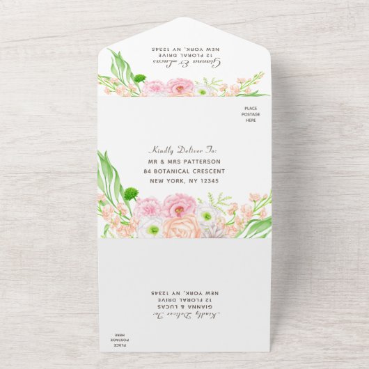 Elegant Waterverf Pink Floral Wedding buitenshuis All In One Uitnodiging (Buitenkant)
