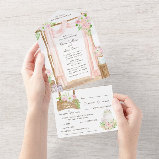 Elegant Waterverf Pink Floral Wedding buitenshuis All In One Uitnodiging (Afscheurbaar)