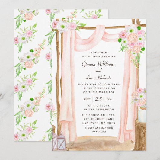 Elegant Waterverf Pink Floral Wedding buitenshuis Kaart (Voorkant / Achterkant)