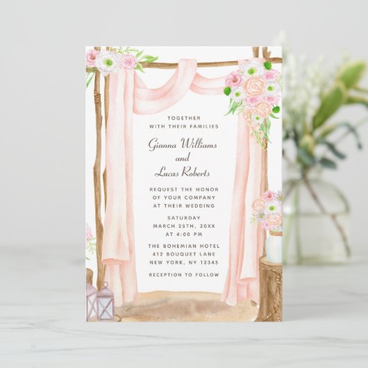 Elegant Waterverf Pink Floral Wedding buitenshuis Kaart (Staand voorkant)