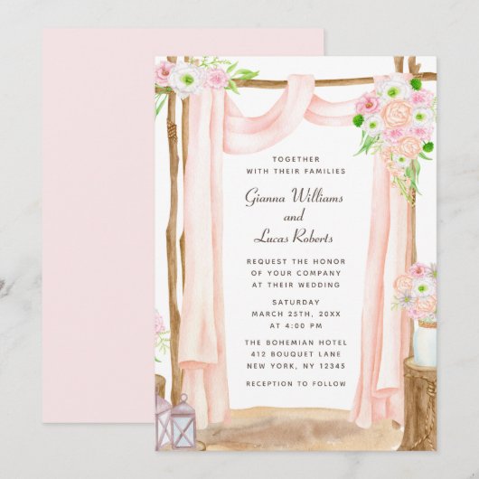 Elegant Waterverf Pink Floral Wedding buitenshuis Kaart (Voorkant / Achterkant)