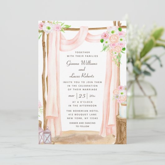 Elegant Waterverf Pink Floral Wedding buitenshuis Kaart (Staand voorkant)