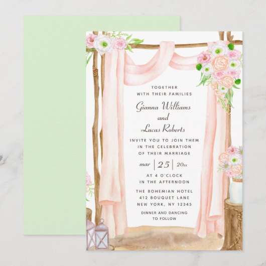 Elegant Waterverf Pink Floral Wedding buitenshuis Kaart (Voorkant / Achterkant)