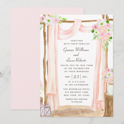 Elegant Waterverf Pink Floral Wedding buitenshuis Kaart (Voorkant / Achterkant)