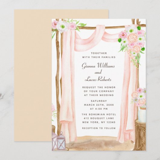 Elegant Waterverf Pink Floral Wedding buitenshuis Kaart (Voorkant / Achterkant)