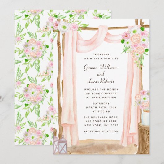 Elegant Waterverf Pink Floral Wedding buitenshuis Kaart (Voorkant / Achterkant)