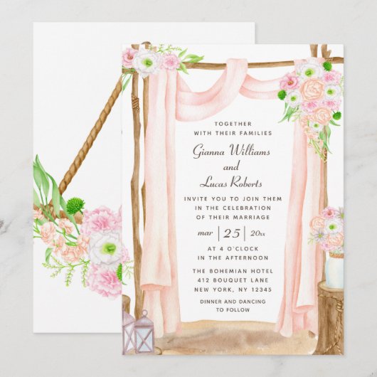 Elegant Waterverf Pink Floral Wedding buitenshuis Kaart (Voorkant / Achterkant)