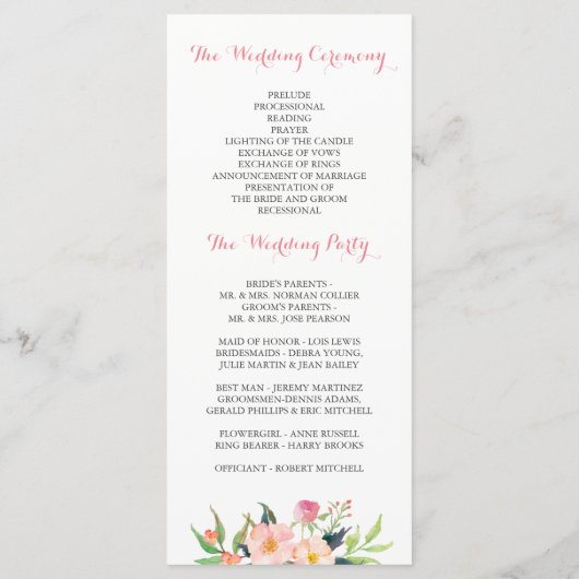 Elegant Waterverf Pink Floral Wedding Programme Programmakaart (Achterkant)