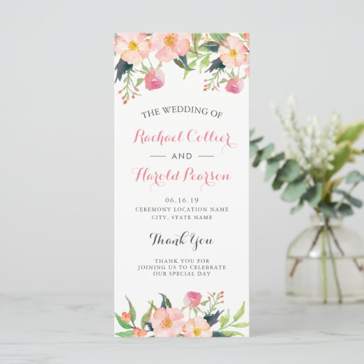 Elegant Waterverf Pink Floral Wedding Programme Programmakaart (Staand voorkant)