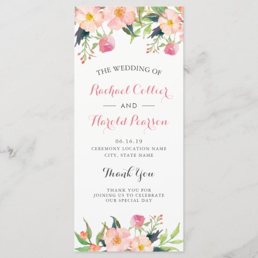 Elegant Waterverf Pink Floral Wedding Programme Programmakaart (Voorkant)