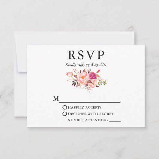 Elegant Waterverf Pink Floral Wedding RSVP Kaartje (Voorkant)