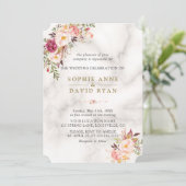 Elegant Waterverf Pink Flowers Marble Wedding Kaart (Staand voorkant)