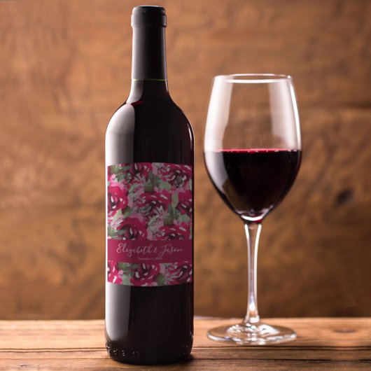 Elegant Waterverf Pink Flowers Weddenschap Wijn Etiket