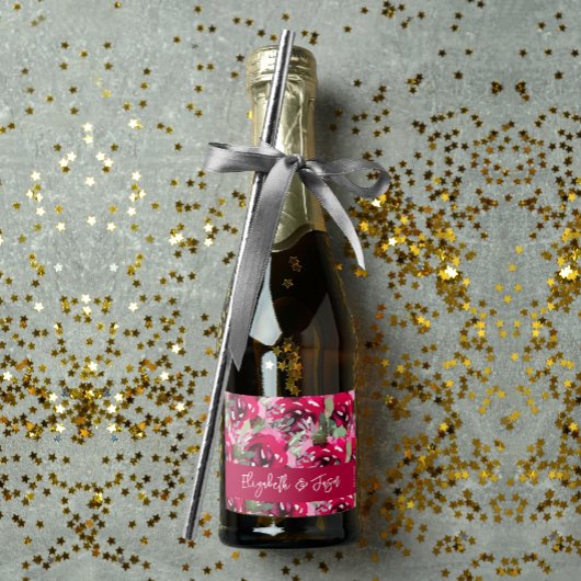 Elegant Waterverf Pink Flowers Wedding Mini Sparkling Wijnetiket