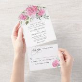 Elegant Waterverf Pink Hydrangea Floral Wedding All In One Uitnodiging (Afscheurbaar)
