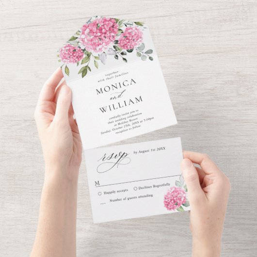 Elegant Waterverf Pink Hydrangea Floral Wedding All In One Uitnodiging (Afscheurbaar)