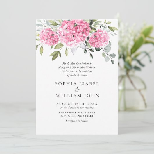 Elegant Waterverf Pink Hydrangea Floral Wedding Kaart (Staand voorkant)