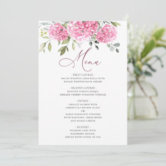 Elegant Waterverf Pink Hydrangea Floral Wedding Menu (Staand voorkant)