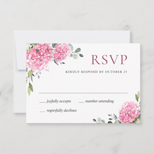 Elegant Waterverf Pink Hydrangea Floral Wedding RSVP Kaartje (Voorkant)