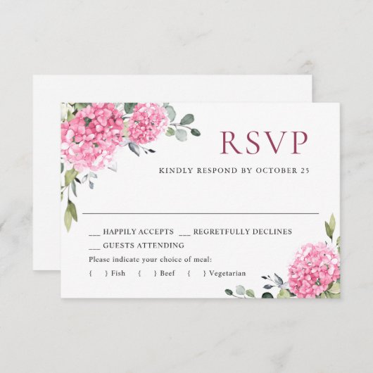 Elegant Waterverf Pink Hydrangea Floral Wedding RSVP Kaartje (Voorkant / Achterkant)