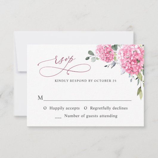 Elegant Waterverf Pink Hydrangea Floral Wedding RSVP Kaartje (Voorkant)