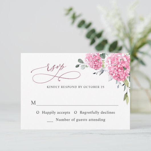 Elegant Waterverf Pink Hydrangea Floral Wedding RSVP Kaartje (Staand voorkant)