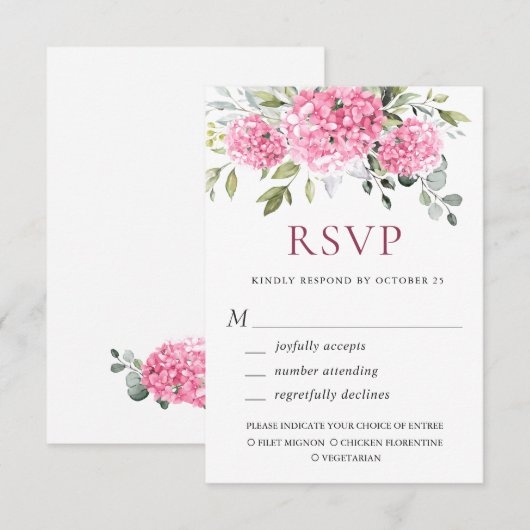 Elegant Waterverf Pink Hydrangea Floral Wedding RSVP Kaartje (Voorkant / Achterkant)