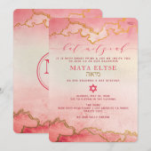 Elegant Waterverf Pink Red Ombre Gold Bat Mitzvah Kaart (Voorkant / Achterkant)