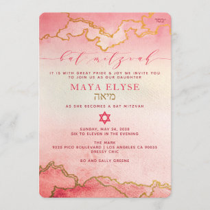Elegant Waterverf Pink Red Ombre Gold Bat Mitzvah Kaart