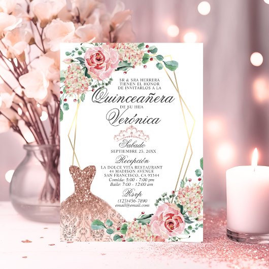 Elegant Waterverf Pink Spain Quinceañera Quince Kaart