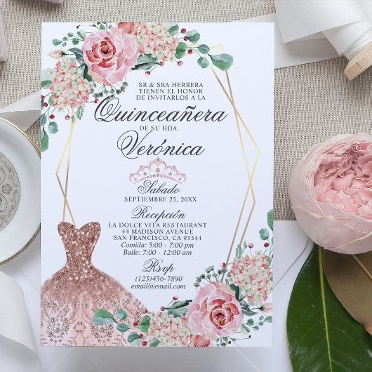 Elegant Waterverf Pink Spain Quinceañera Quince Kaart