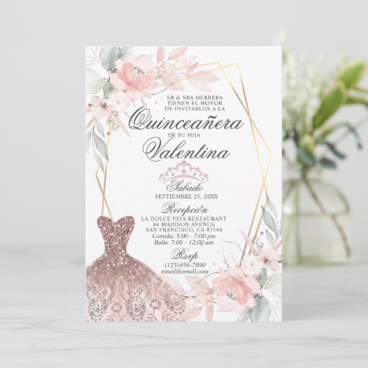 Elegant Waterverf Pink Spain Quinceañera Quince Kaart (Staand voorkant)