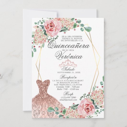 Elegant Waterverf Pink Spain Quinceañera Quince Kaart (Voorkant)