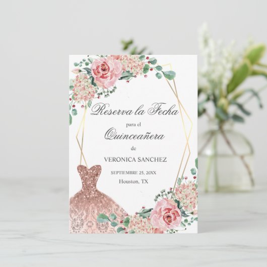 Elegant Waterverf Pink Spain Quinceañera Quince Save The Date (Staand voorkant)