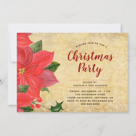 Elegant Waterverf Poinsettia Kerstfeest Kaart (Voorkant)