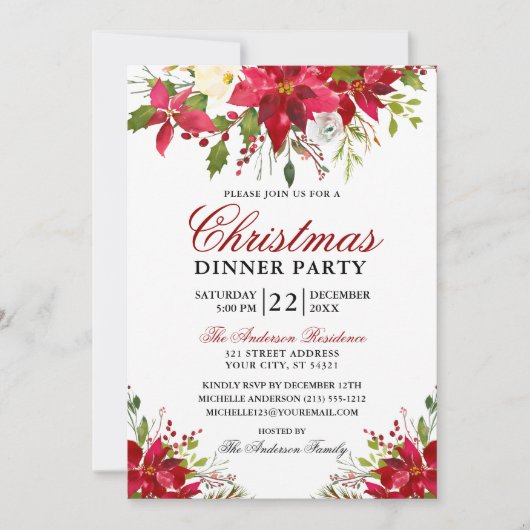 Elegant Waterverf Poinsettia Kerstfeest Rood Kaart (Voorkant)