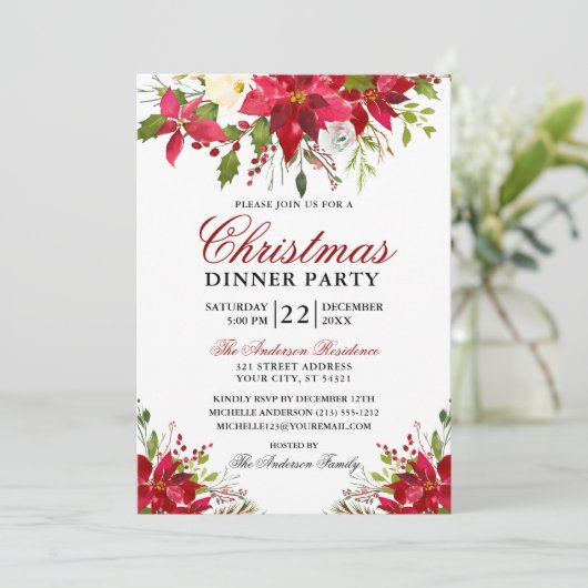 Elegant Waterverf Poinsettia Kerstfeest Rood Kaart (Staand voorkant)