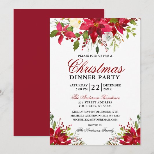 Elegant Waterverf Poinsettia Kerstfeest Rood Kaart (Voorkant / Achterkant)