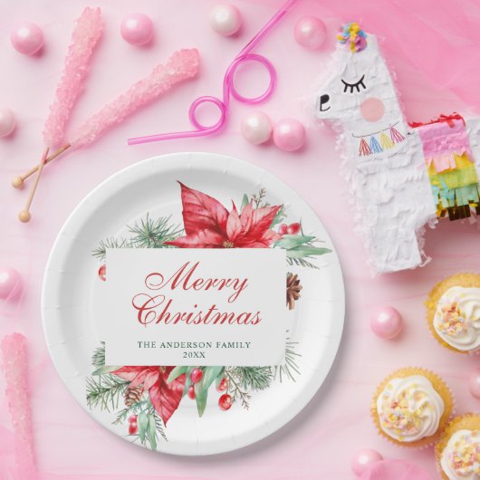 Elegant Waterverf Poinsettia Kerstfeestdag Papieren Bordje (Feest)
